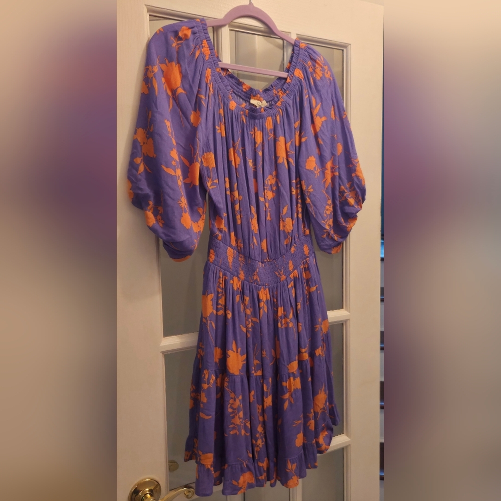 Easel Purple & Orange Smocked Waist & Puffed Sleeves Pleated  Ruffle Sun-Dress